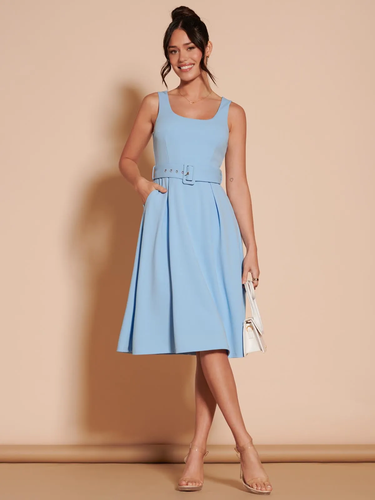 1950's Inspired Belted Swing Dress, Blue