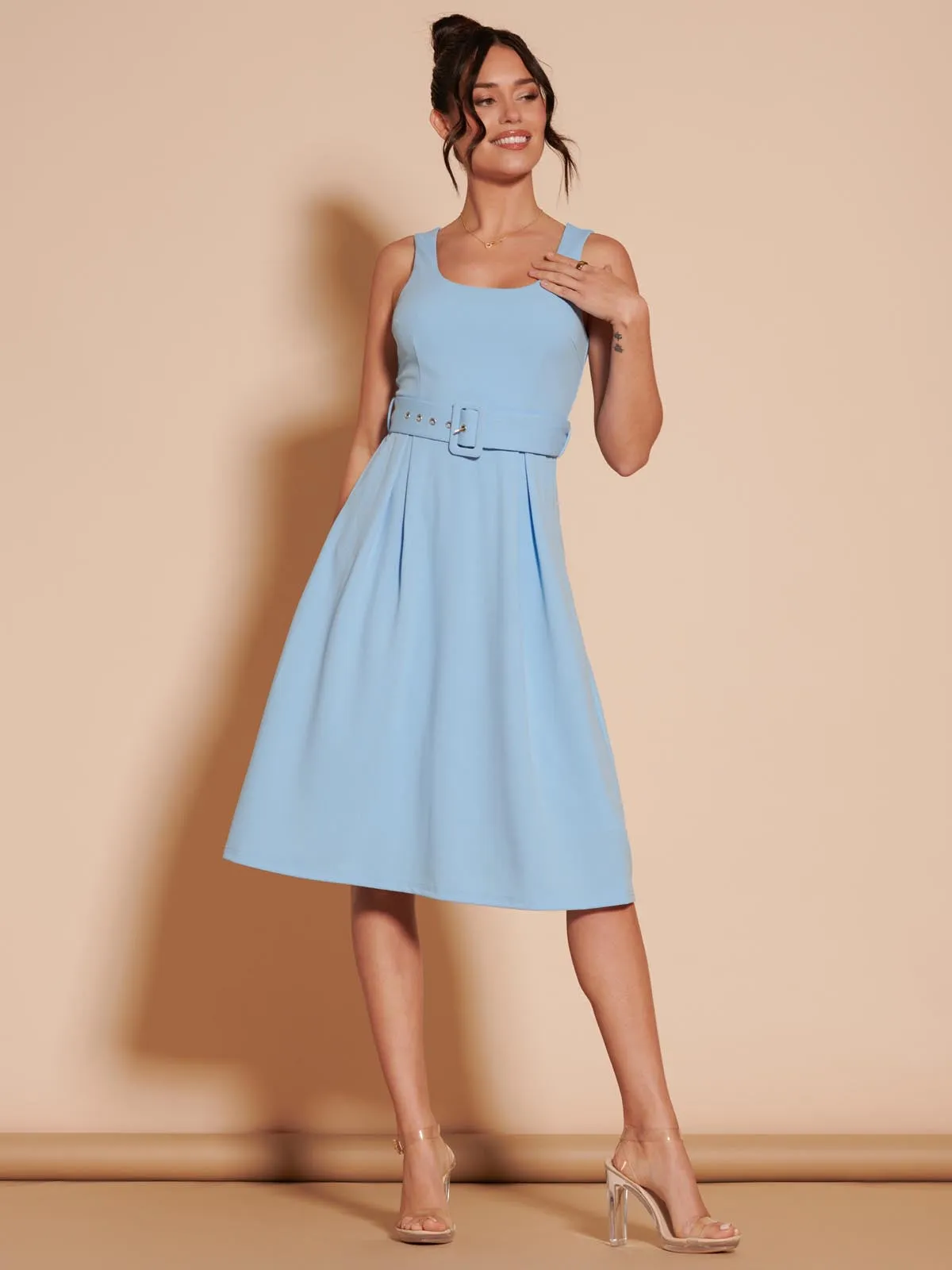 1950's Inspired Belted Swing Dress, Blue