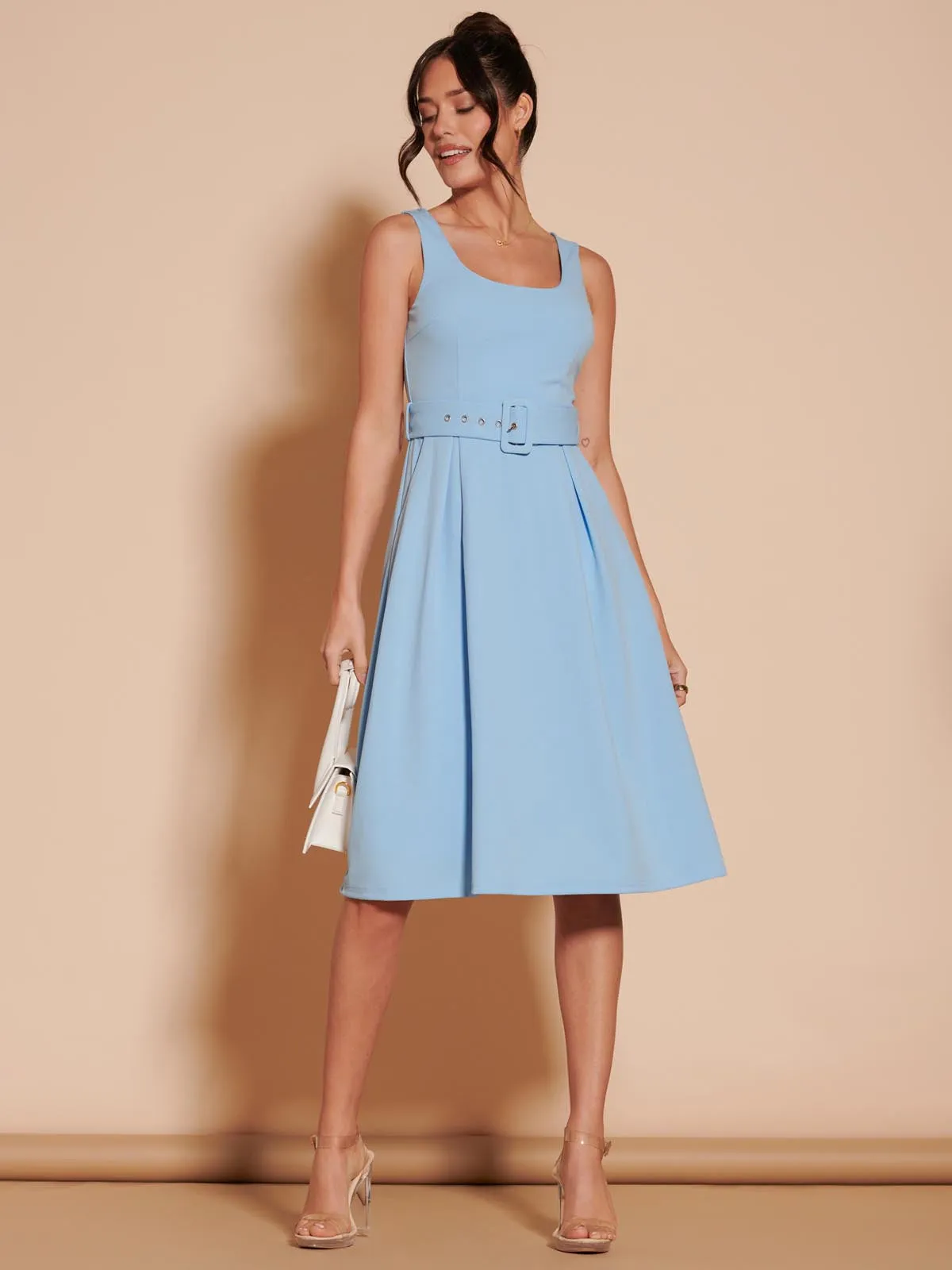 1950's Inspired Belted Swing Dress, Blue