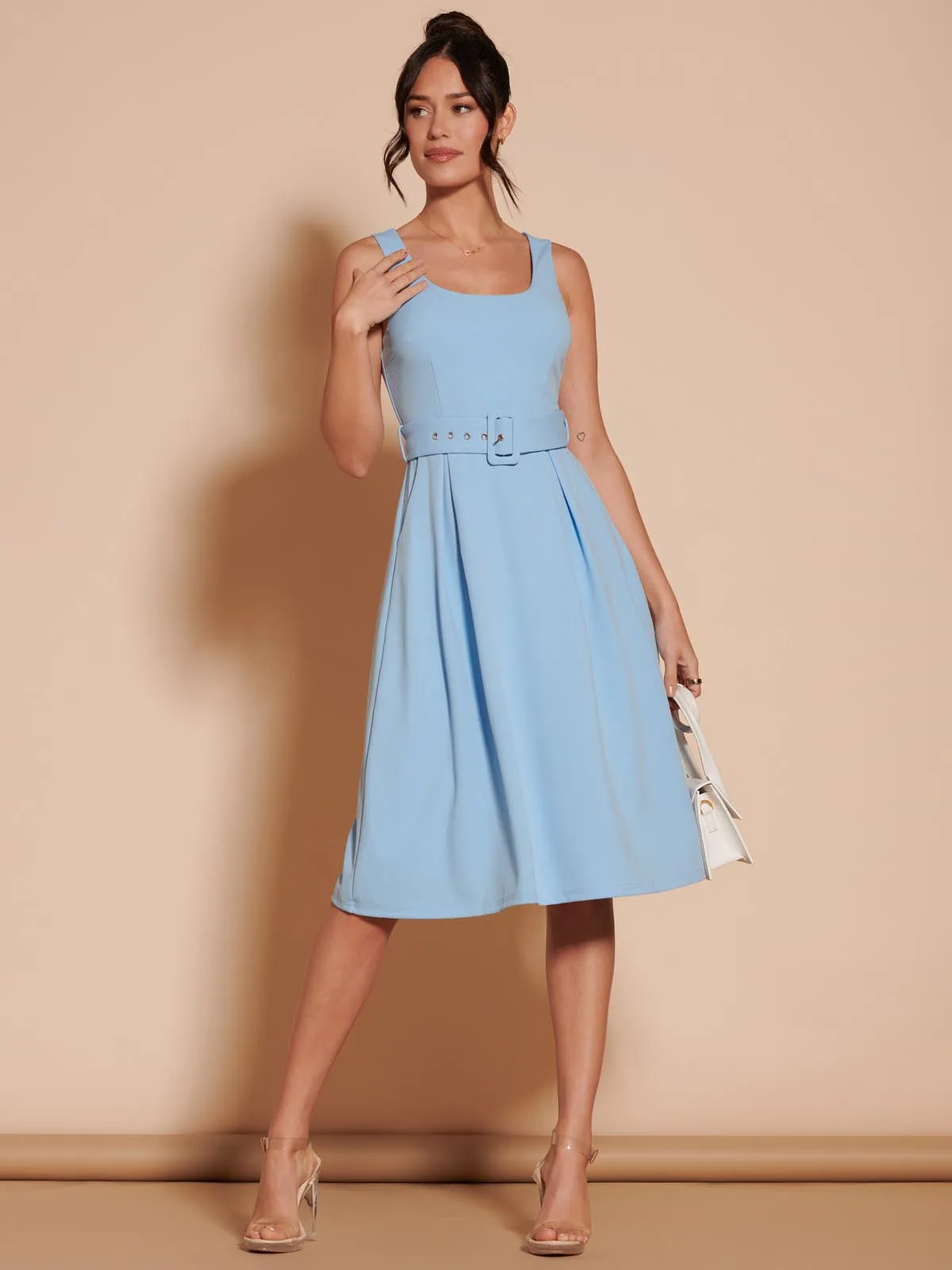 1950's Inspired Belted Swing Dress, Blue