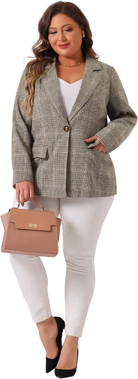 Agnes Orinda Blazers for Women Plus Size Plaid Notched Lapel Long Sleeve Business Casual Blazer Jackets