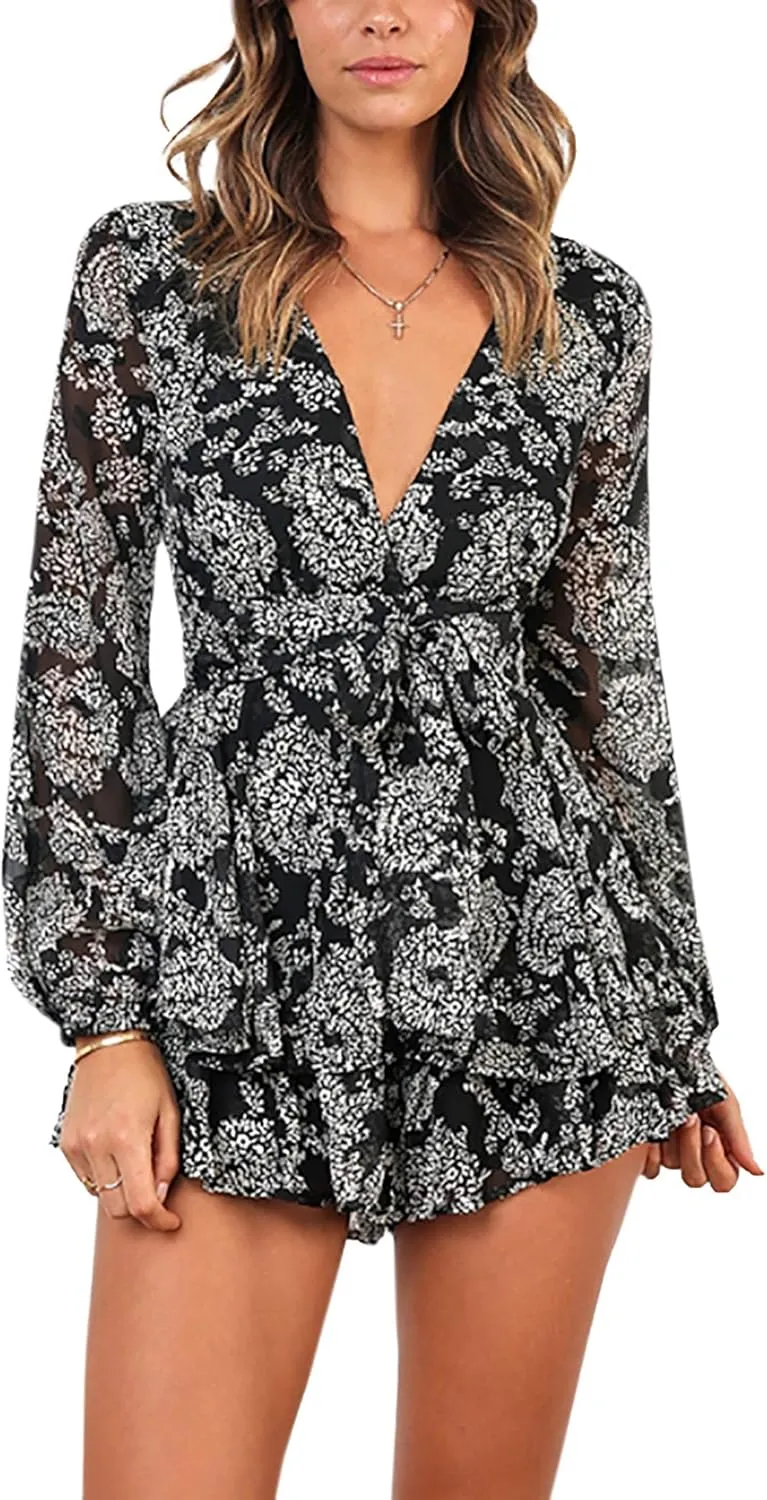 AIMCOO Women's Floral Print Deep V-Neck Romper Double Layer Ruffle Hem Jumpsuits Long Baggy Sleeves Waist Tie Short Rompers