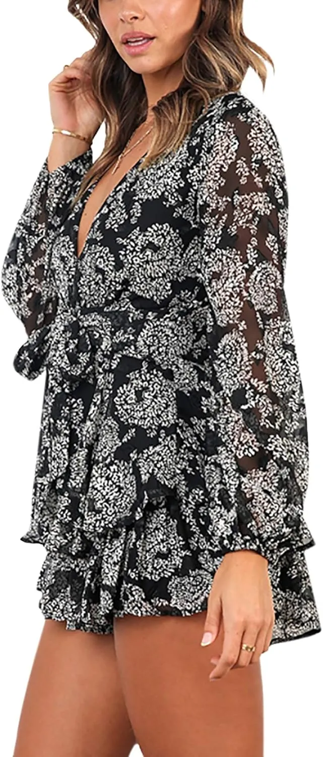 AIMCOO Women's Floral Print Deep V-Neck Romper Double Layer Ruffle Hem Jumpsuits Long Baggy Sleeves Waist Tie Short Rompers