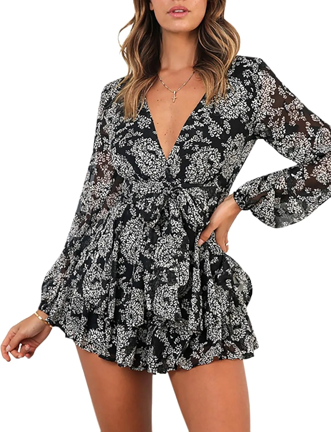 AIMCOO Women's Floral Print Deep V-Neck Romper Double Layer Ruffle Hem Jumpsuits Long Baggy Sleeves Waist Tie Short Rompers