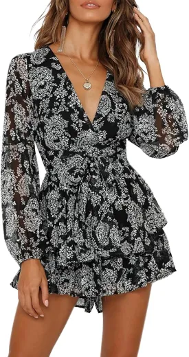 AIMCOO Women's Floral Print Deep V-Neck Romper Double Layer Ruffle Hem Jumpsuits Long Baggy Sleeves Waist Tie Short Rompers