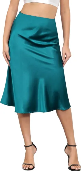 ALCEA ROSEA Womens Satin High Waisted Silk A-line Wedding Elegant Elastic Midi Skirt