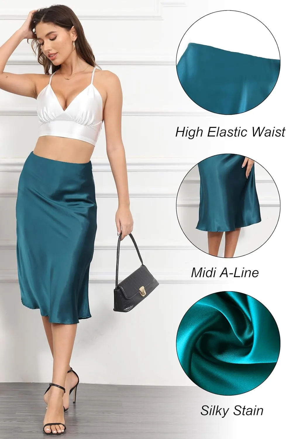 ALCEA ROSEA Womens Satin High Waisted Silk A-line Wedding Elegant Elastic Midi Skirt