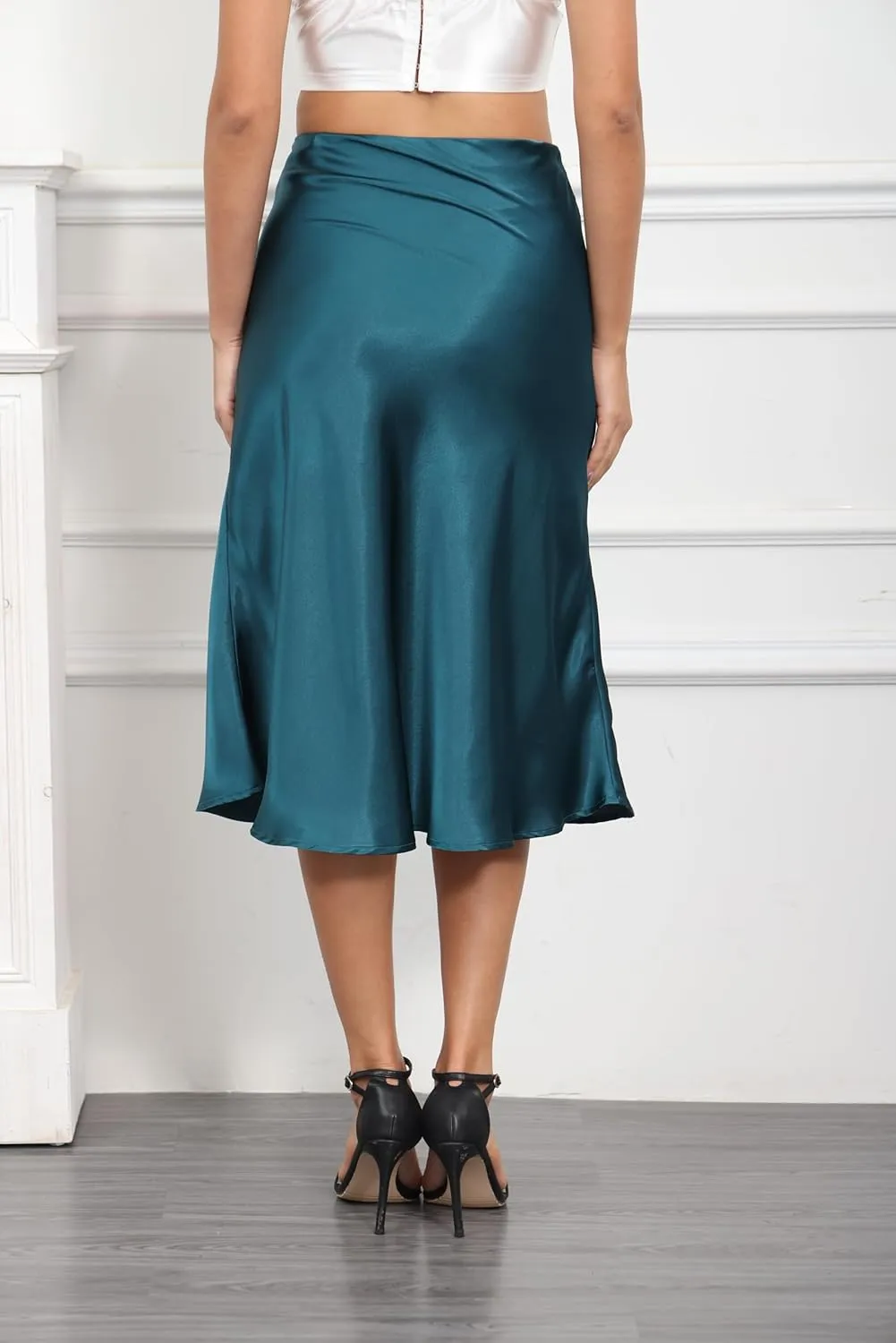ALCEA ROSEA Womens Satin High Waisted Silk A-line Wedding Elegant Elastic Midi Skirt
