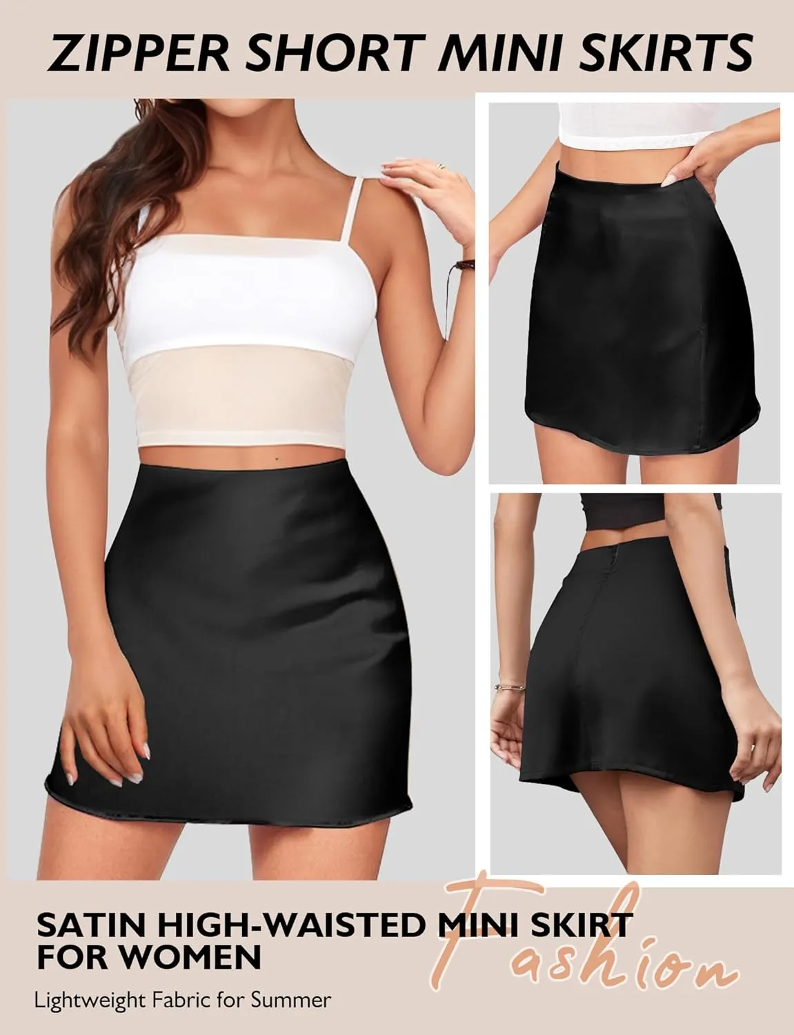 AURUZA Mini Satin Skirts for Women Trendy, High Waisted Womens Short Skirts, Elegant Zipper Flared Elastic A-line Silk Skirts