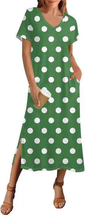 Beach Vacation Clothes for Women Summer Spring Dresses 2025 Short Sleeve Sundresses Slit Hem Maxi Dresses
