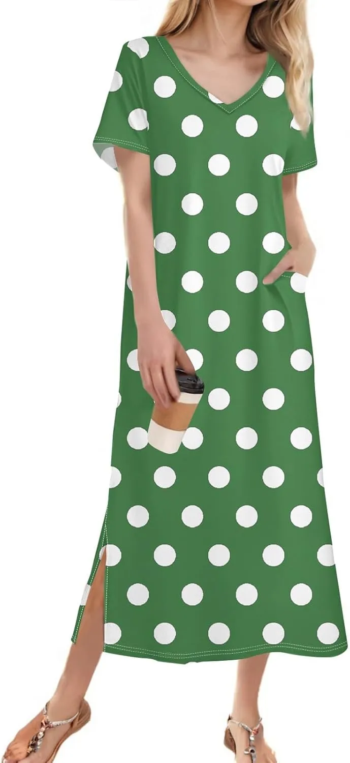 Beach Vacation Clothes for Women Summer Spring Dresses 2025 Short Sleeve Sundresses Slit Hem Maxi Dresses