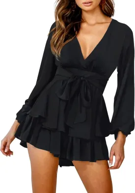 Bonkwa Women's Summer Deep V-Neck Floral Print Romper Long Baggy Sleeves Double Layer Ruffle Hem Short Jumpsuits with Belt