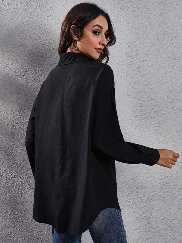 Casual Loose Long Sleeves Buttoned Contrast Color Polka-Dot Lapel Collar Blouses&Shirts Tops