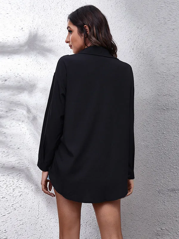 Casual Loose Long Sleeves Buttoned Contrast Color Polka-Dot Lapel Collar Blouses&Shirts Tops