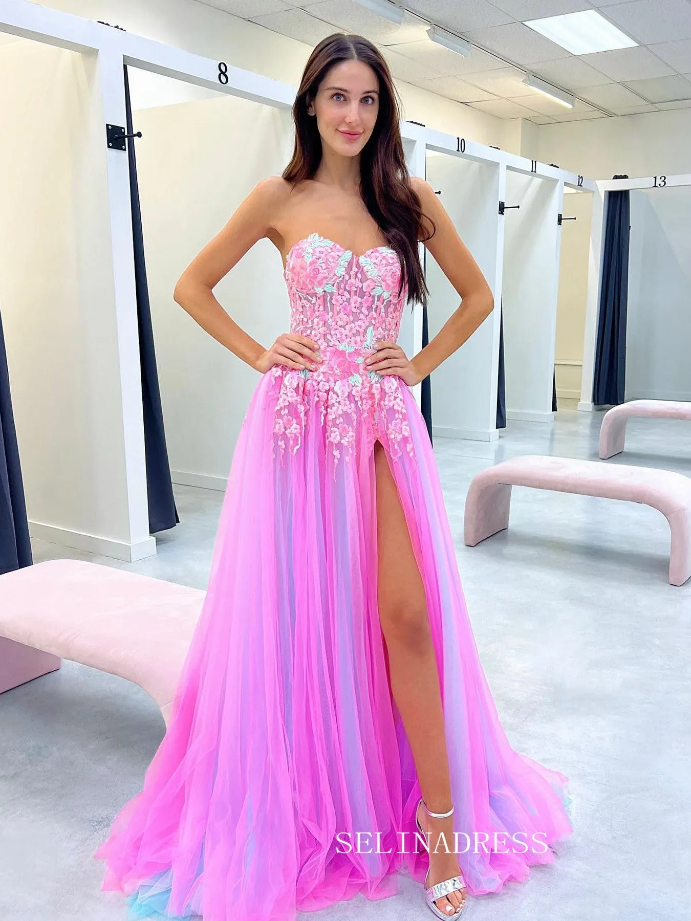 Chic A-line Sweetheart Applique Lace Long Prom Dress Hot Pink Beautiful Evening Dress #OPW004