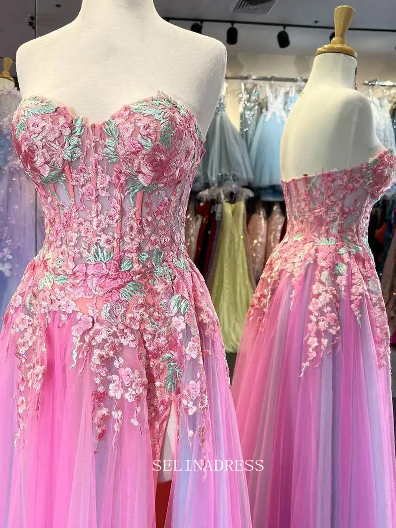 Chic A-line Sweetheart Applique Lace Long Prom Dress Hot Pink Beautiful Evening Dress #OPW004