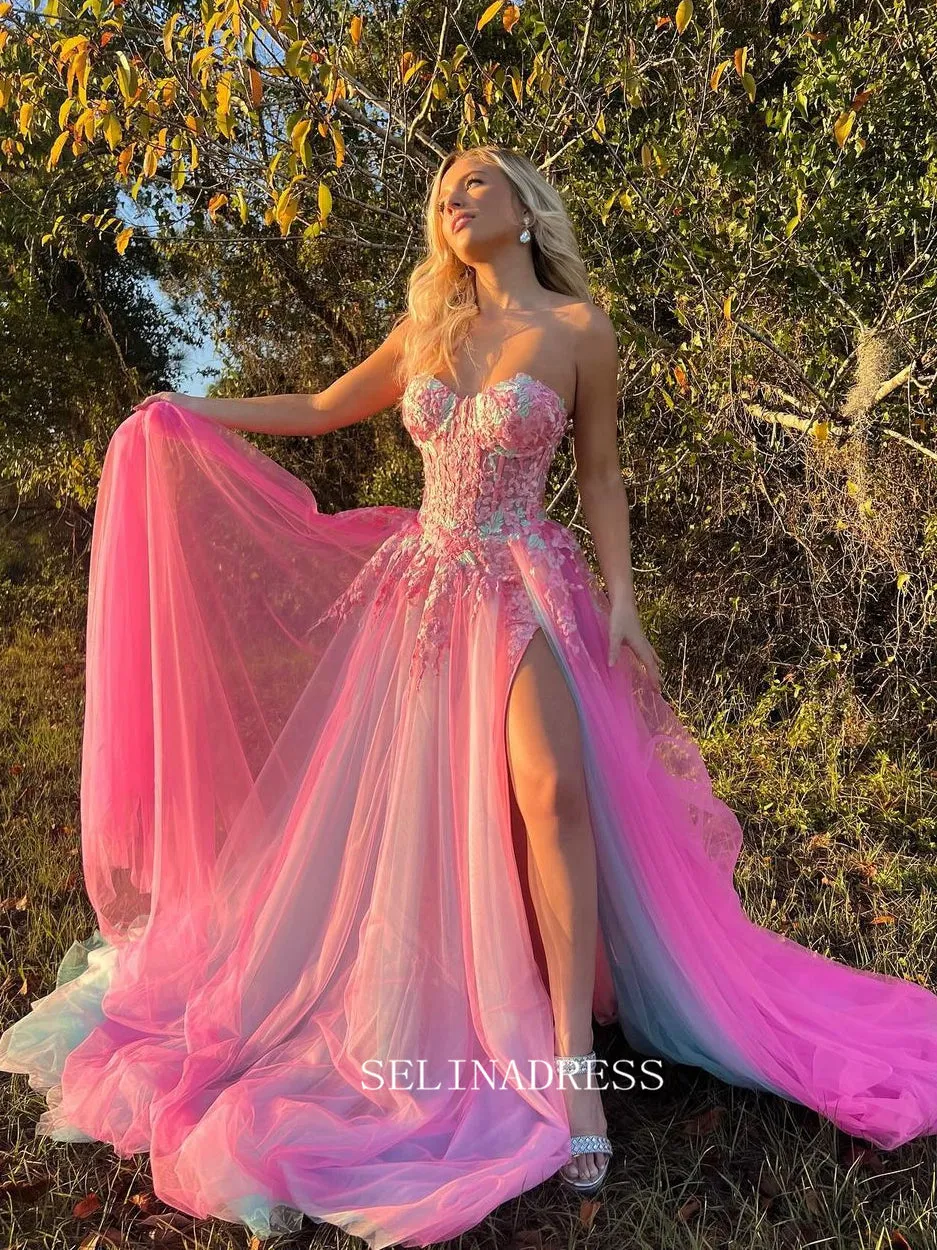 Chic A-line Sweetheart Applique Lace Long Prom Dress Hot Pink Beautiful Evening Dress #OPW004
