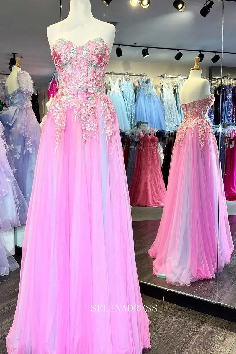 Chic A-line Sweetheart Applique Lace Long Prom Dress Hot Pink Beautiful Evening Dress #OPW004