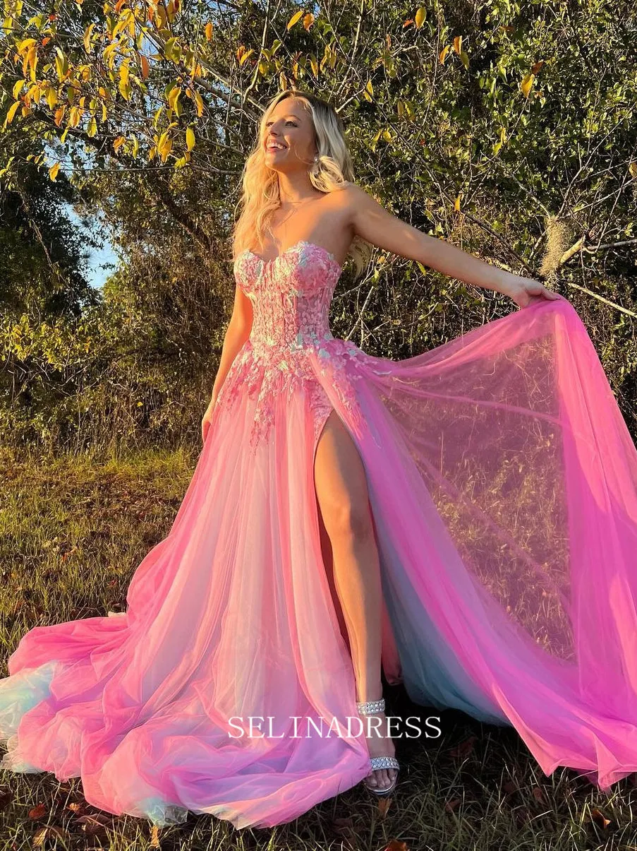 Chic A-line Sweetheart Applique Lace Long Prom Dress Hot Pink Beautiful Evening Dress #OPW004