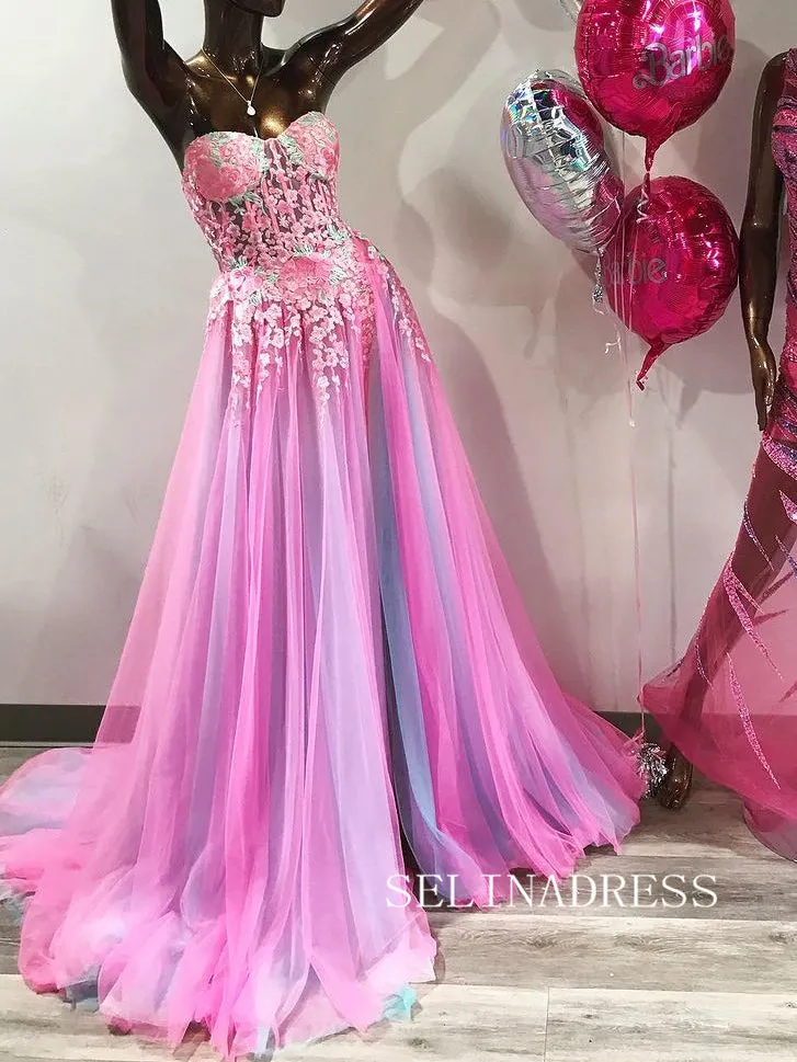 Chic A-line Sweetheart Applique Lace Long Prom Dress Hot Pink Beautiful Evening Dress #OPW004