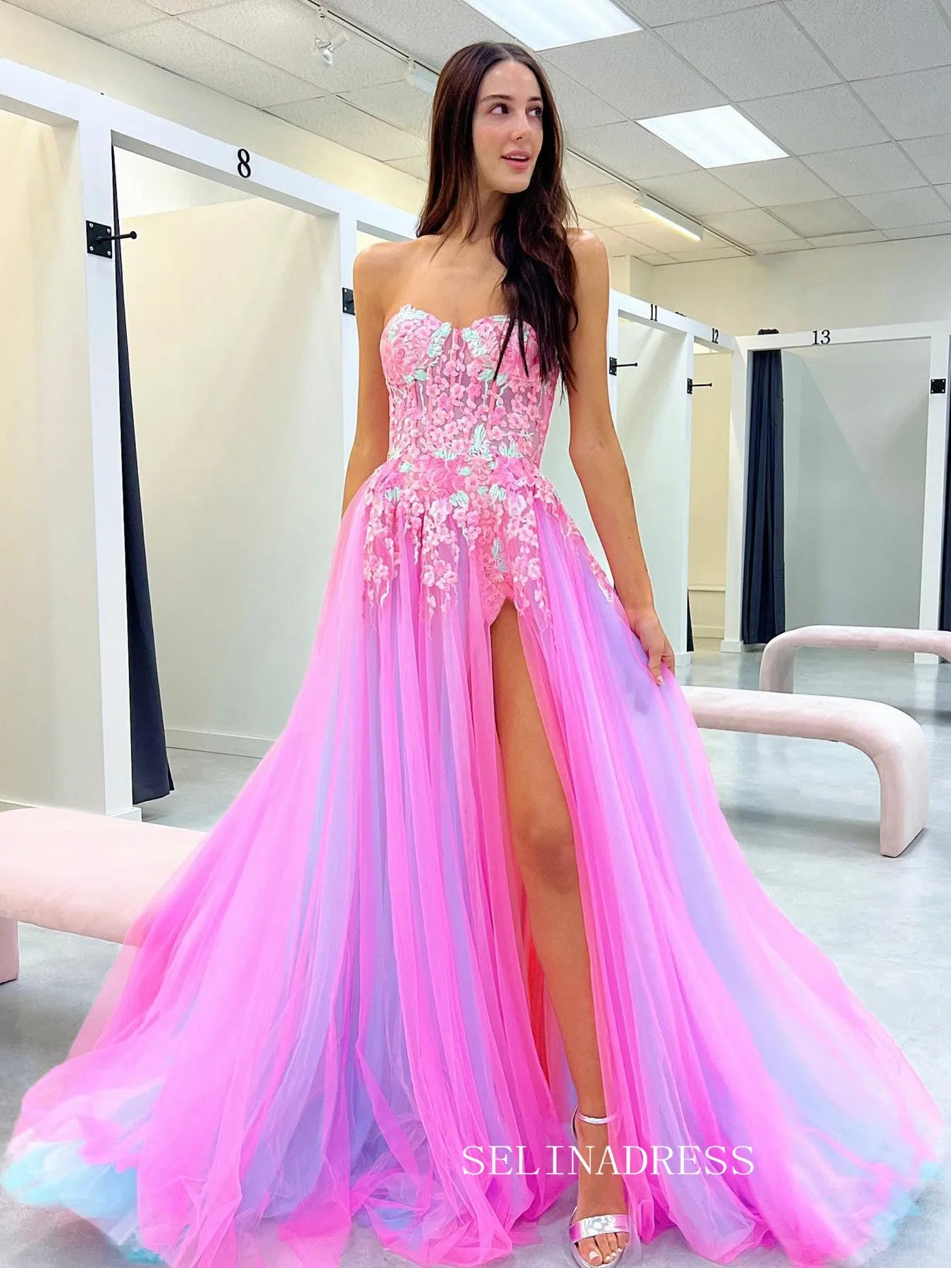 Chic A-line Sweetheart Applique Lace Long Prom Dress Hot Pink Beautiful Evening Dress #OPW004