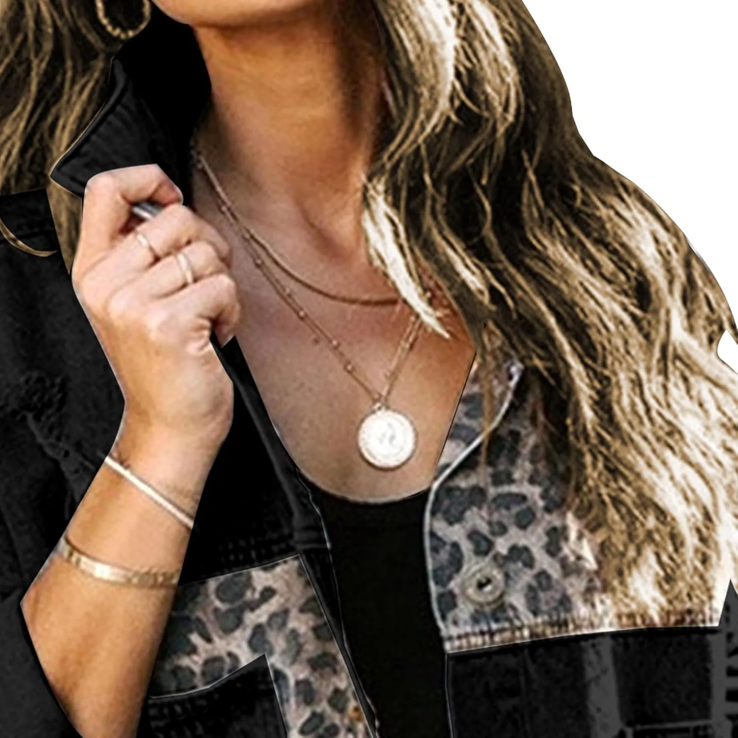 Cropped Jean Jacket for Women Long Sleeve Ripped Cheetah Denim Jacket Boyfriend Distressed Comfy Jackets