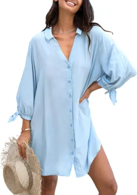 CUPSHE Women Shirt Mini Summer Dress Cover Ups 3/4 Sleeve Cuff Tie Button Down Holiday Sundress Beach Cover Up Dress