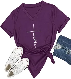 DANVOUY Women's V-Neck Summer Casual Letters Printed Short Sleeves Graphic T-Shirt