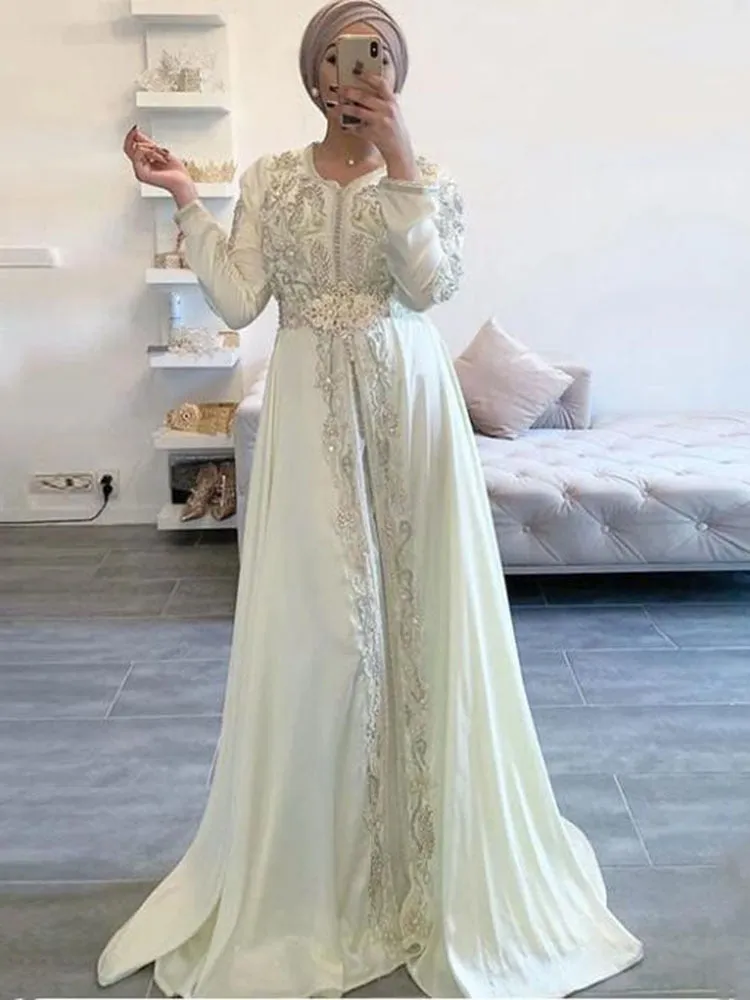 DEANWANGKT Lace Beaded White Ivory Moroccan Caftan Dress Long Sleeve Islamic Dubai Saudi Arabic Formal Evening Dress Abaya Prom Dress