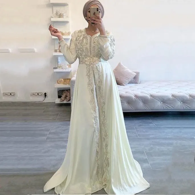 DEANWANGKT Lace Beaded White Ivory Moroccan Caftan Dress Long Sleeve Islamic Dubai Saudi Arabic Formal Evening Dress Abaya Prom Dress