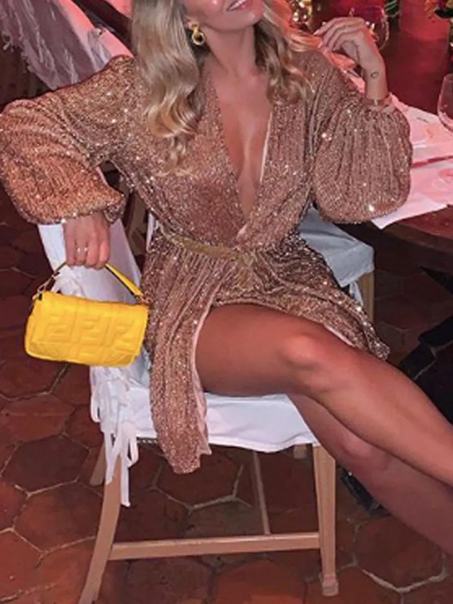 Deep V Long Sleeve Sequin Evening Dress