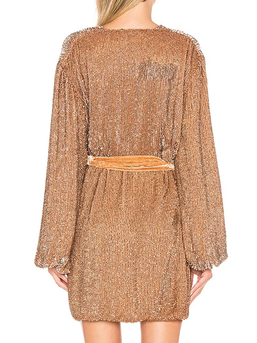 Deep V Long Sleeve Sequin Evening Dress