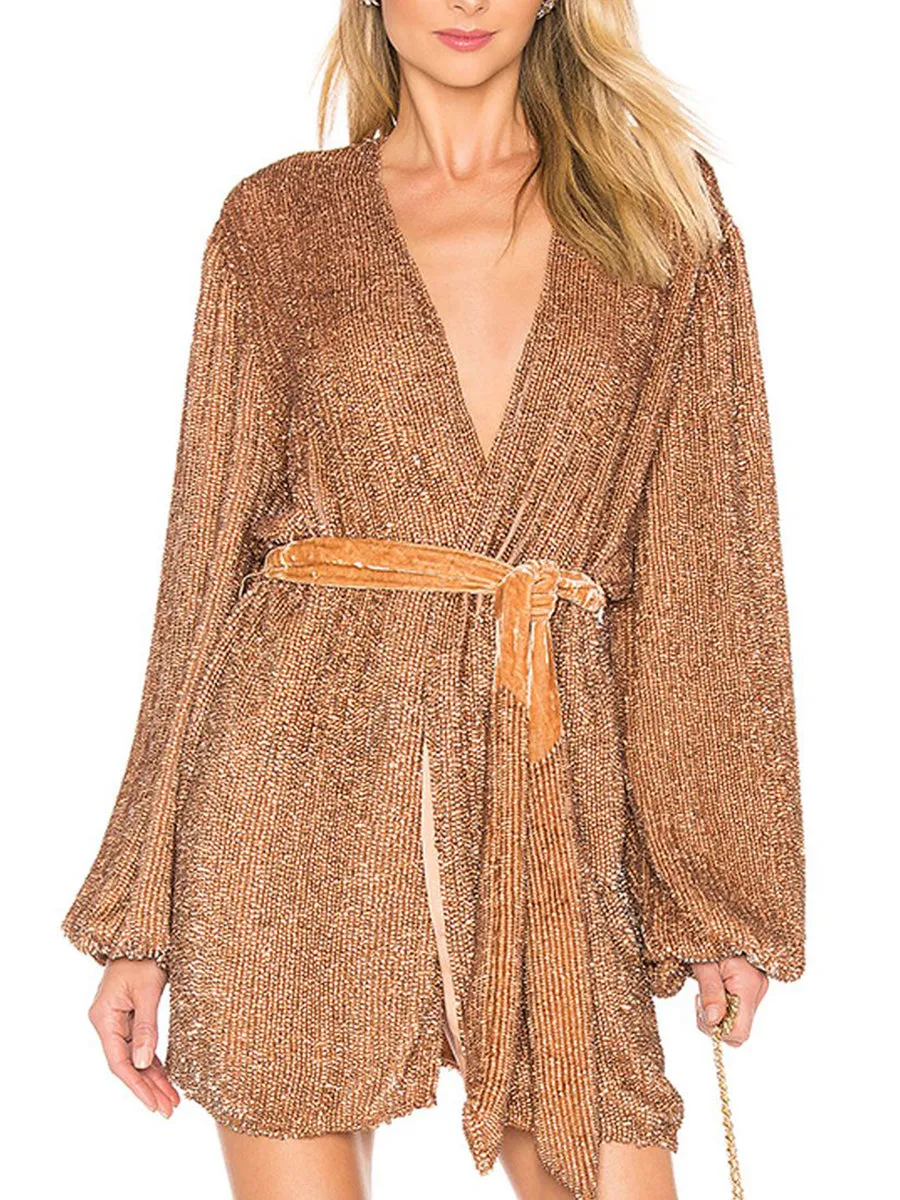 Deep V Long Sleeve Sequin Evening Dress