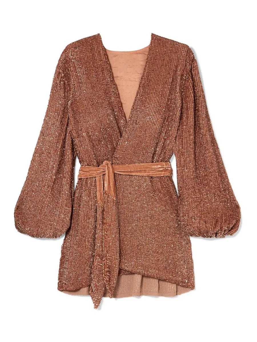 Deep V Long Sleeve Sequin Evening Dress