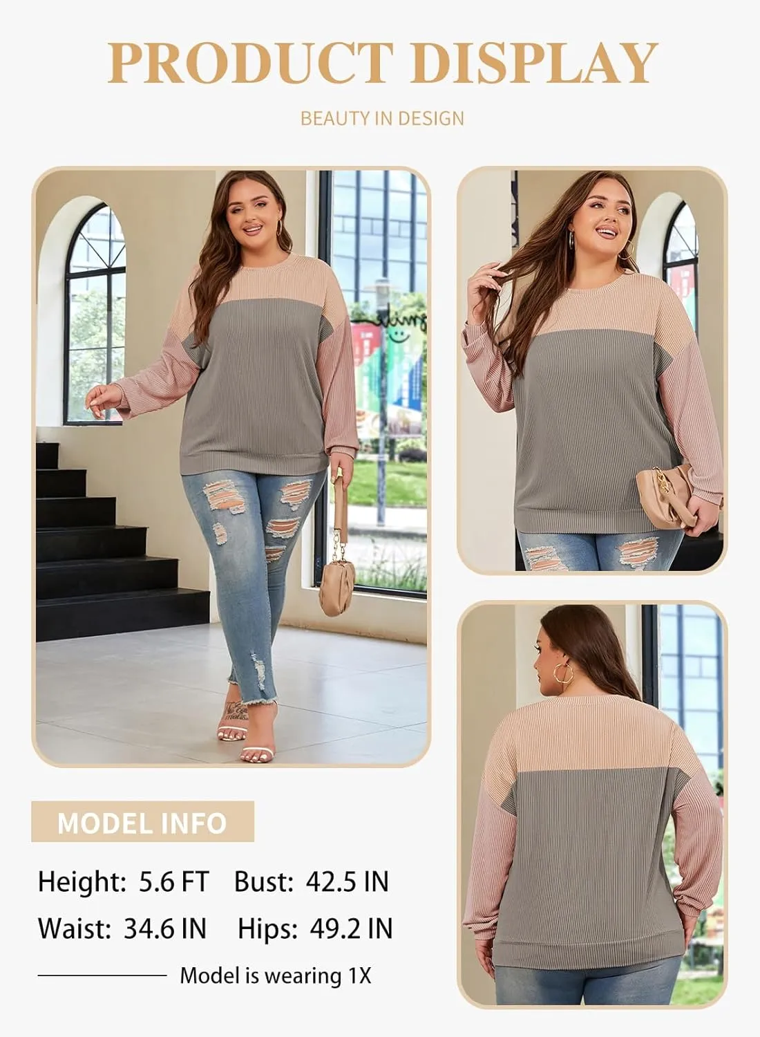 Eytino Plus Size Sweatshirt for Women Striped Colorblock Long Sleeve Crewneck Casual Loose Pullover Shirt Top(1X-5X)
