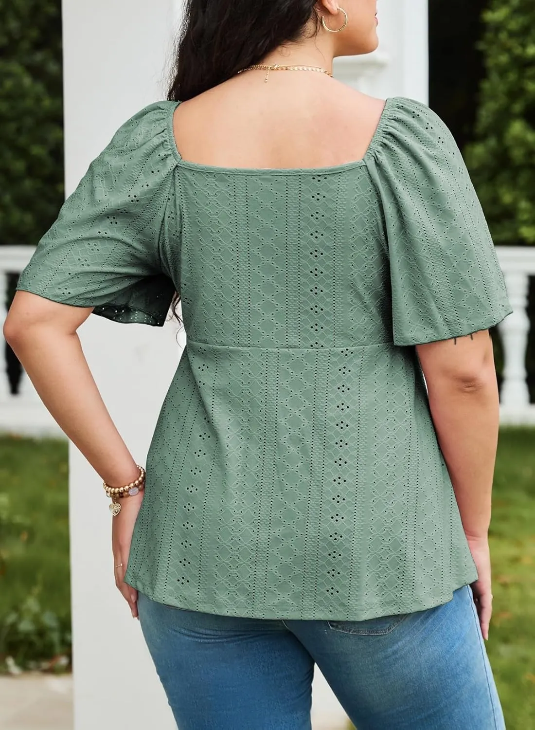 Eytino Womens Plus Size Tops Sweetheart Neck Short Sleeve Eyelet Embroidery Summer Loose Peplum Shirts(1X-5X)