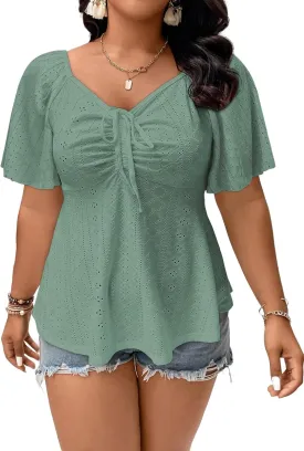 Eytino Womens Plus Size Tops Sweetheart Neck Short Sleeve Eyelet Embroidery Summer Loose Peplum Shirts(1X-5X)