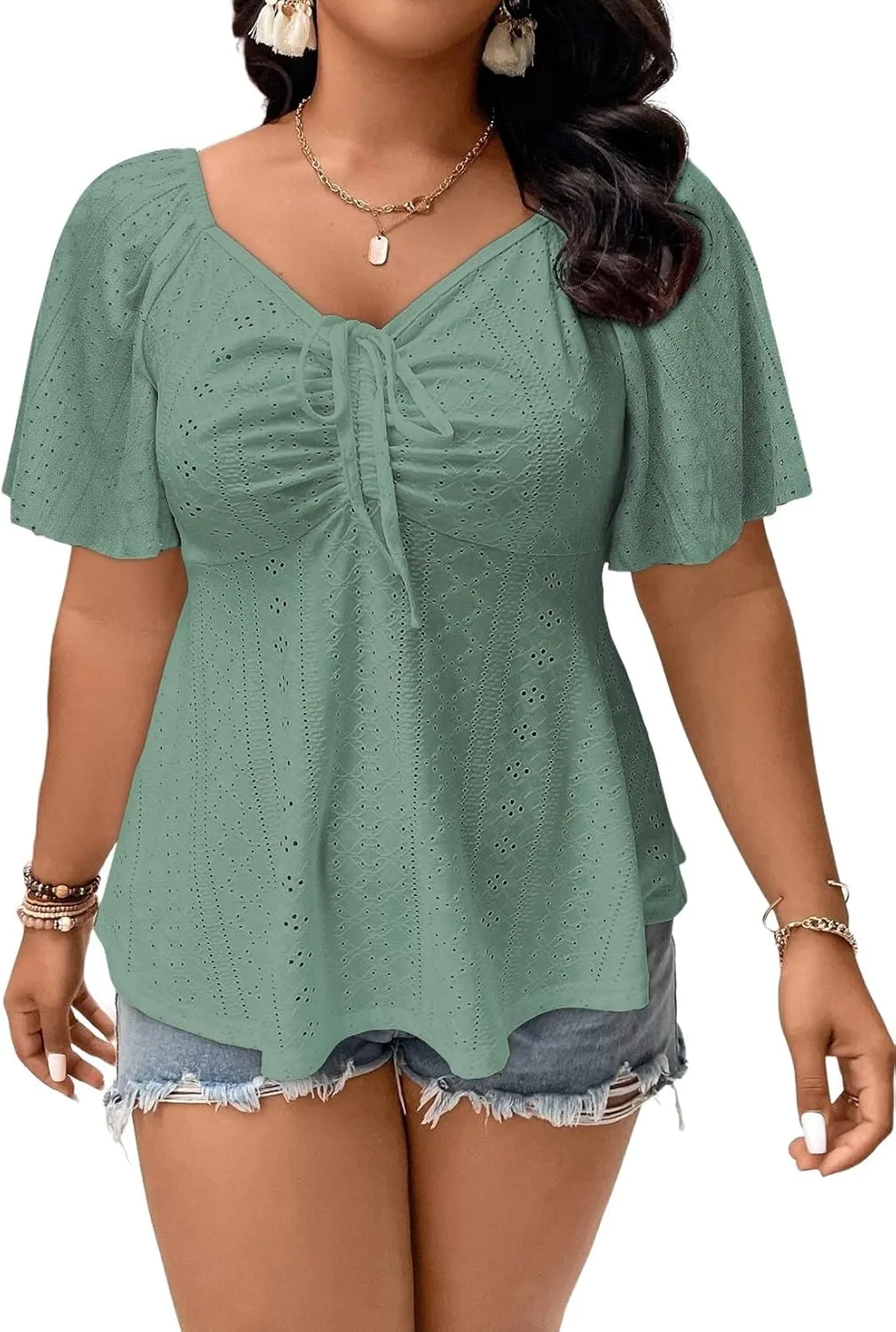 Eytino Womens Plus Size Tops Sweetheart Neck Short Sleeve Eyelet Embroidery Summer Loose Peplum Shirts(1X-5X)
