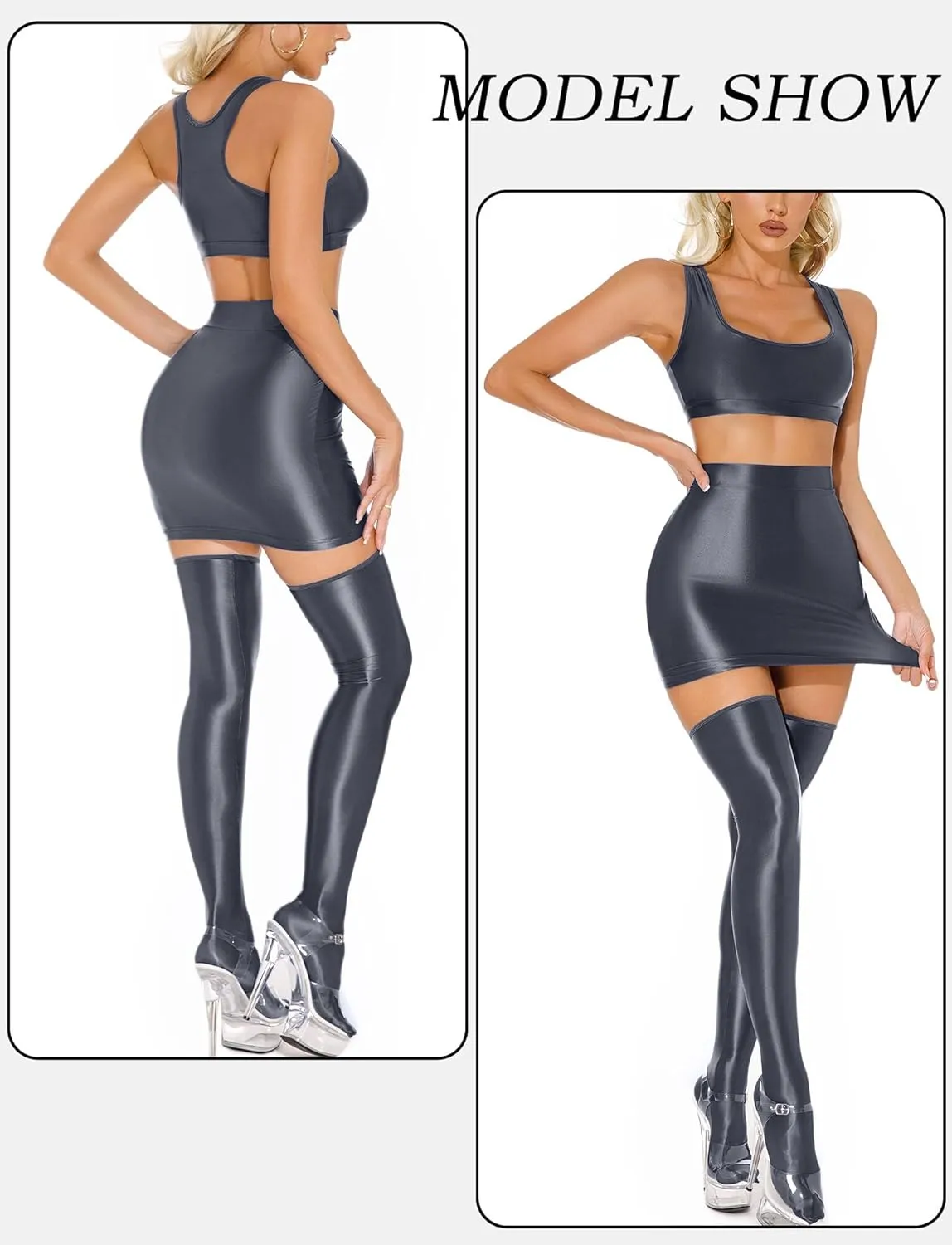 FEOYA Women??s Oil Shiny Bodycon Skirts Silky Smooth Pencil Mini Skirts Sexy Glossy Hot Skirts Club Party