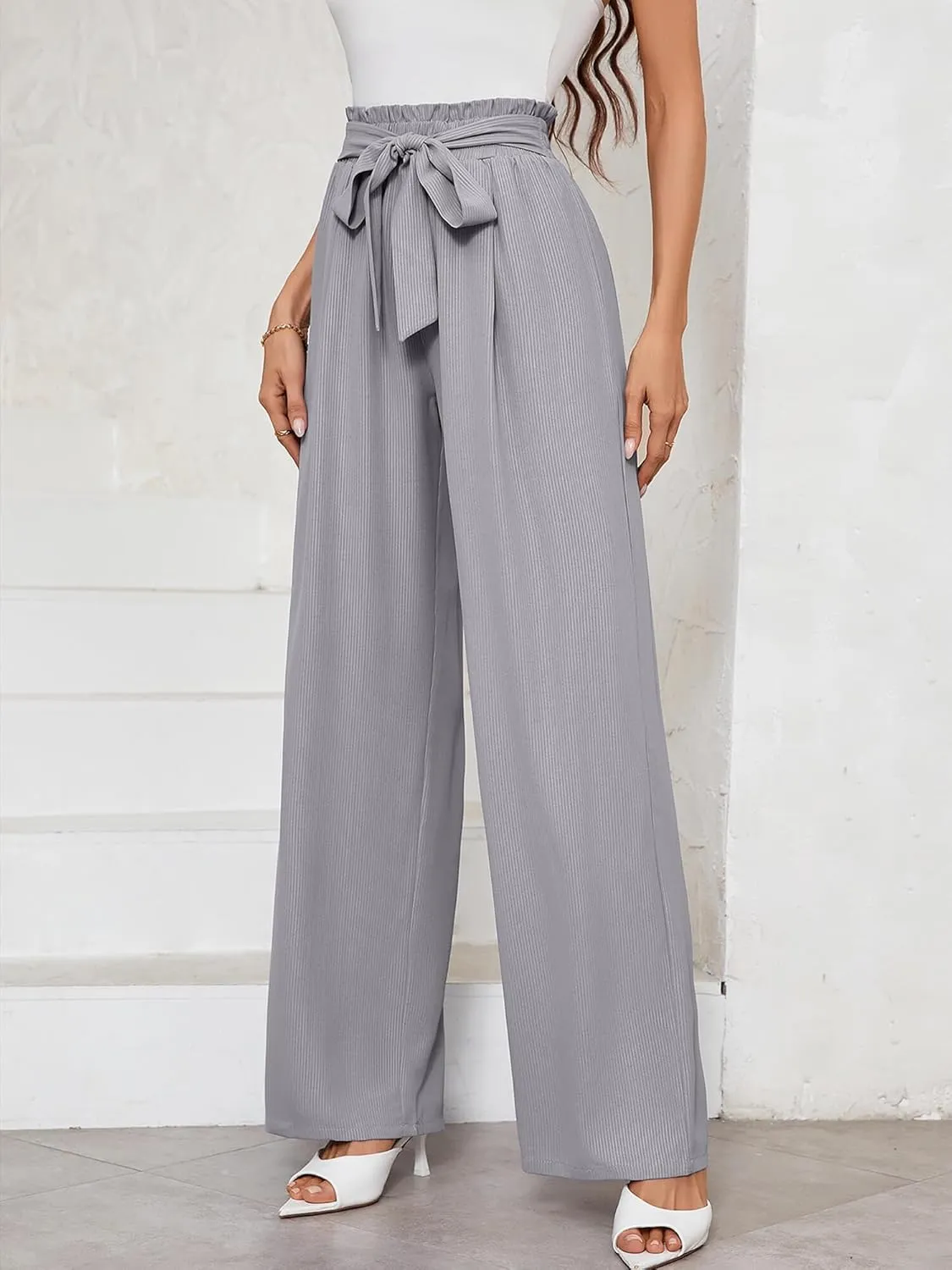 Heymoments Women's Wide Leg Lounge Pants with Pockets Lightweight High Waisted Adjustable Tie Knot Loose Trousers