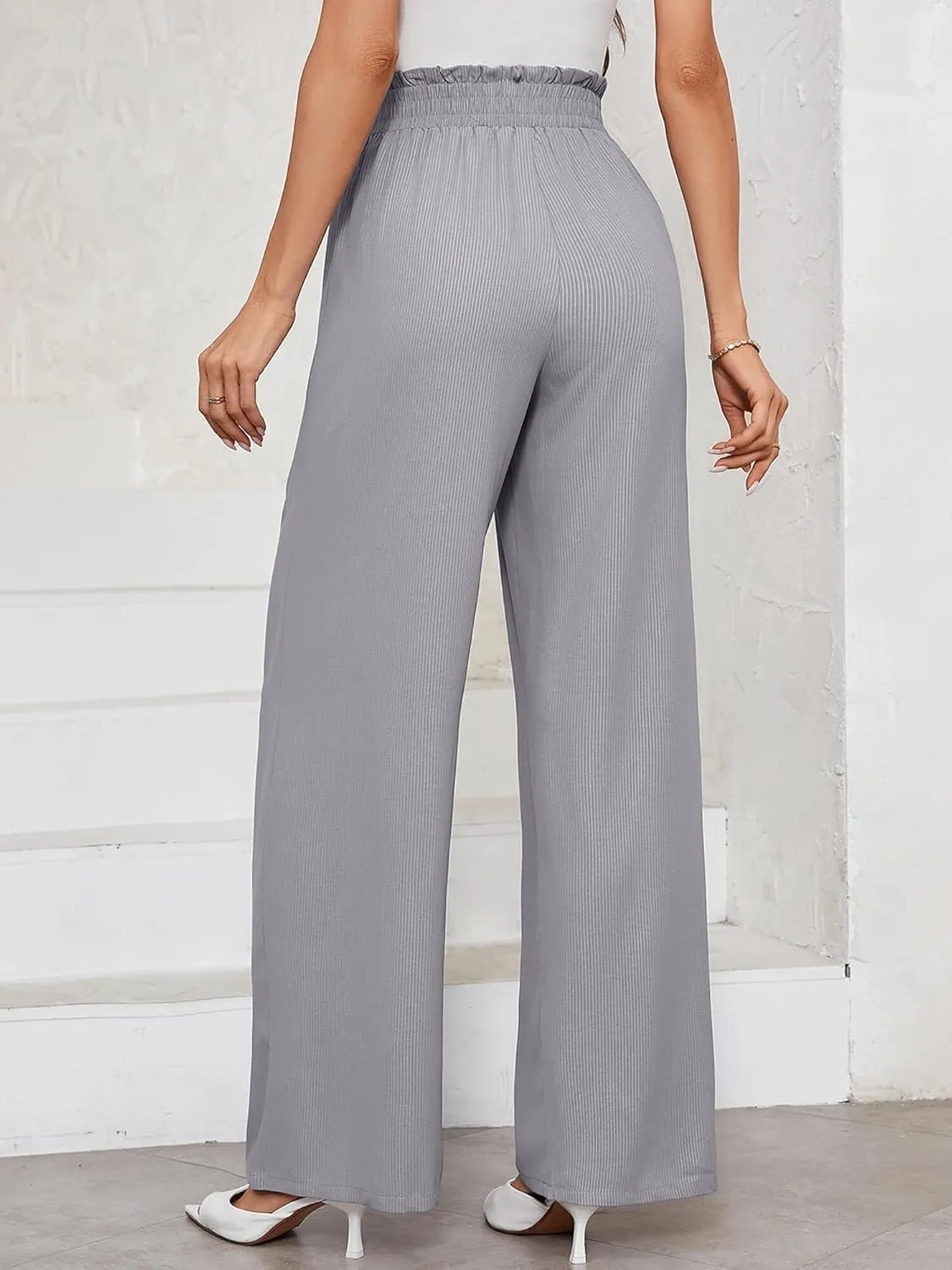 Heymoments Women's Wide Leg Lounge Pants with Pockets Lightweight High Waisted Adjustable Tie Knot Loose Trousers