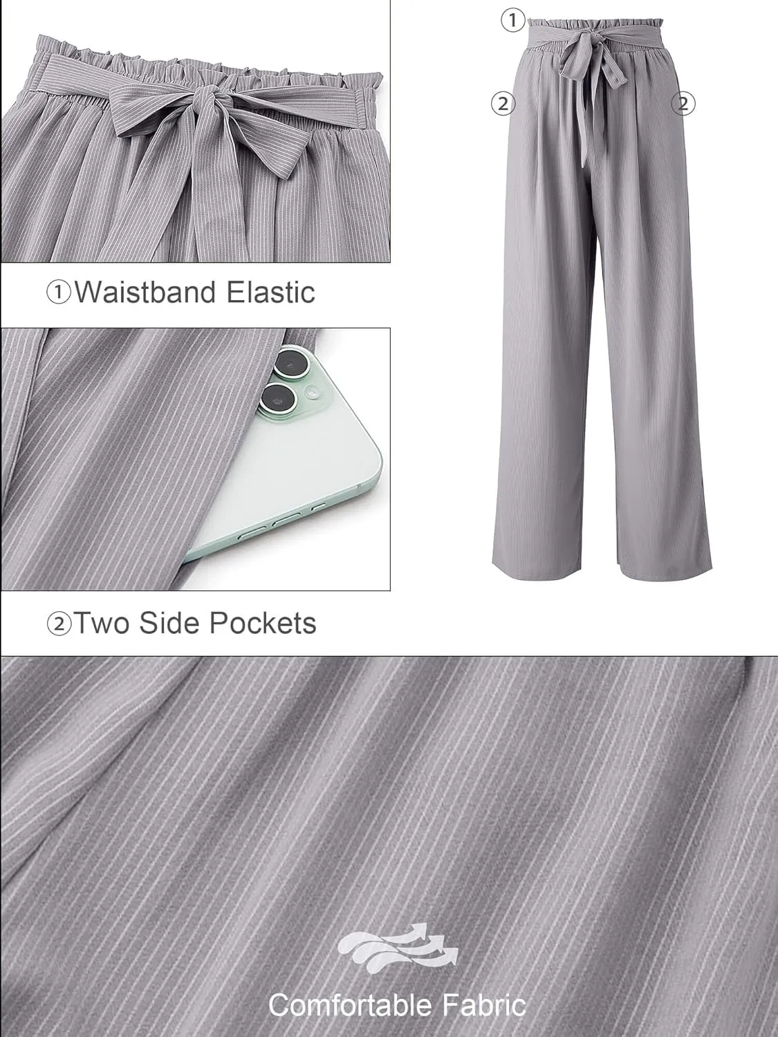Heymoments Women's Wide Leg Lounge Pants with Pockets Lightweight High Waisted Adjustable Tie Knot Loose Trousers