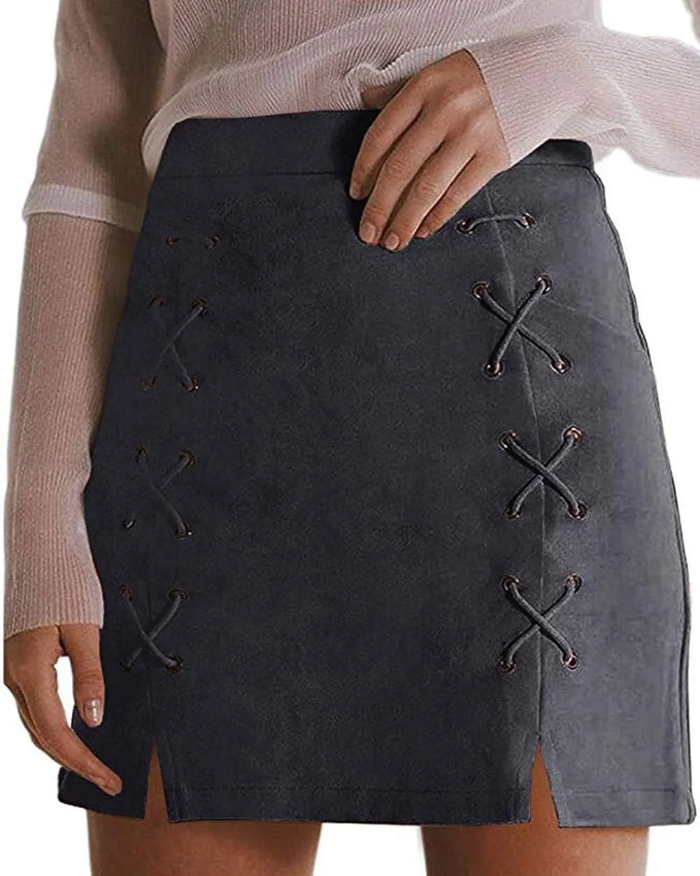 katiewens Women's Classic High Waist Lace Up Bodycon Faux Suede A Line Mini Pencil Skirt