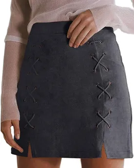 katiewens Women's Classic High Waist Lace Up Bodycon Faux Suede A Line Mini Pencil Skirt