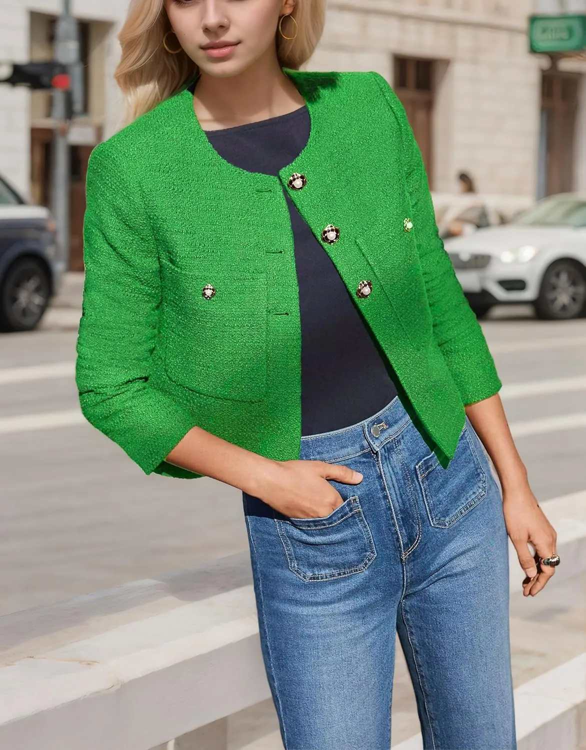 LifeShe Tweed Blazer Jacket for Women Elegant Open Front Cropped Blazers Long Sleeve Office Work Coats