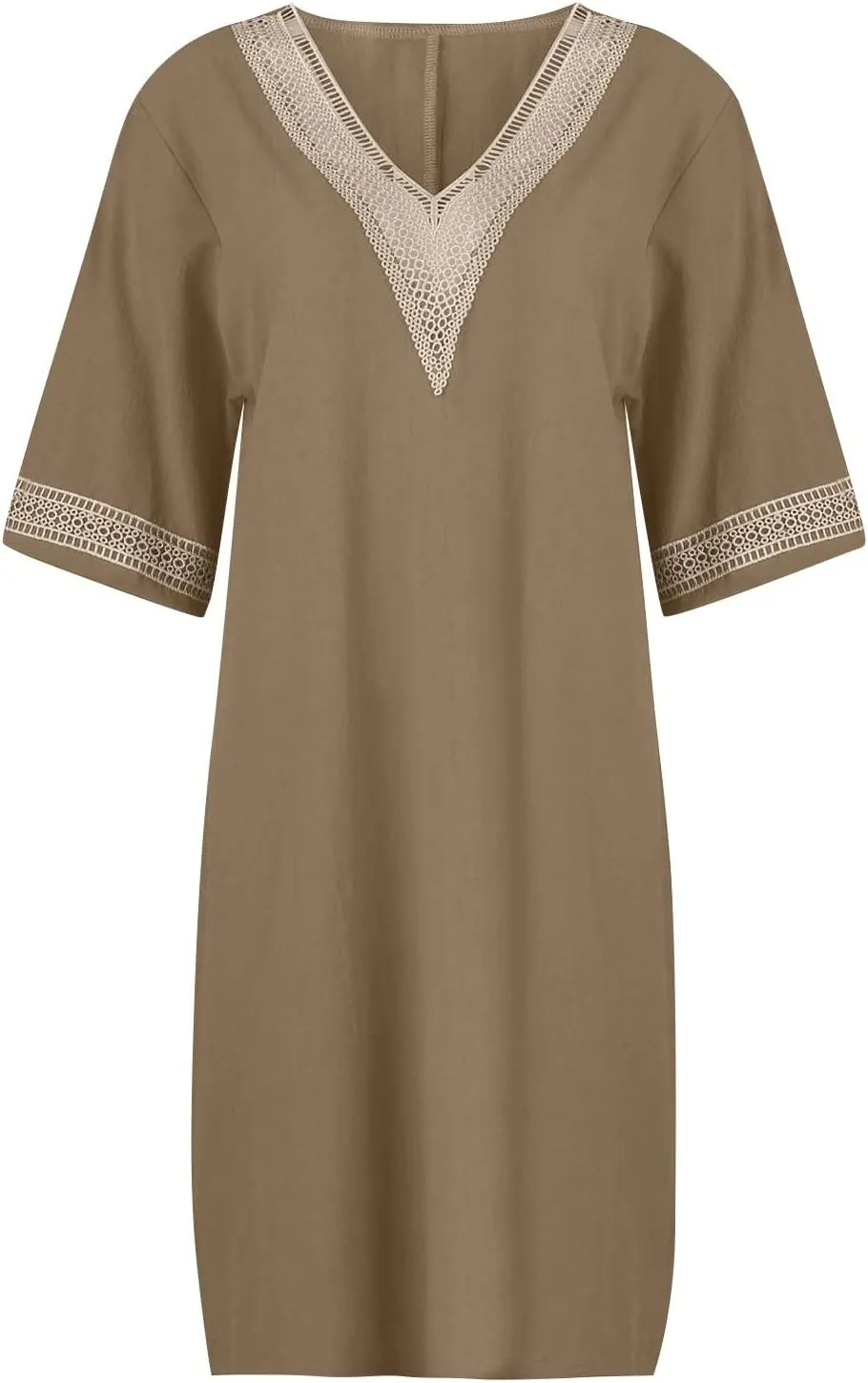 Linen Dresses for Women 2024 Summer 3/4 Sleeve Lace Embroidered V Neck A Line Dress Sexy Beach Vacation T Shirt Dress