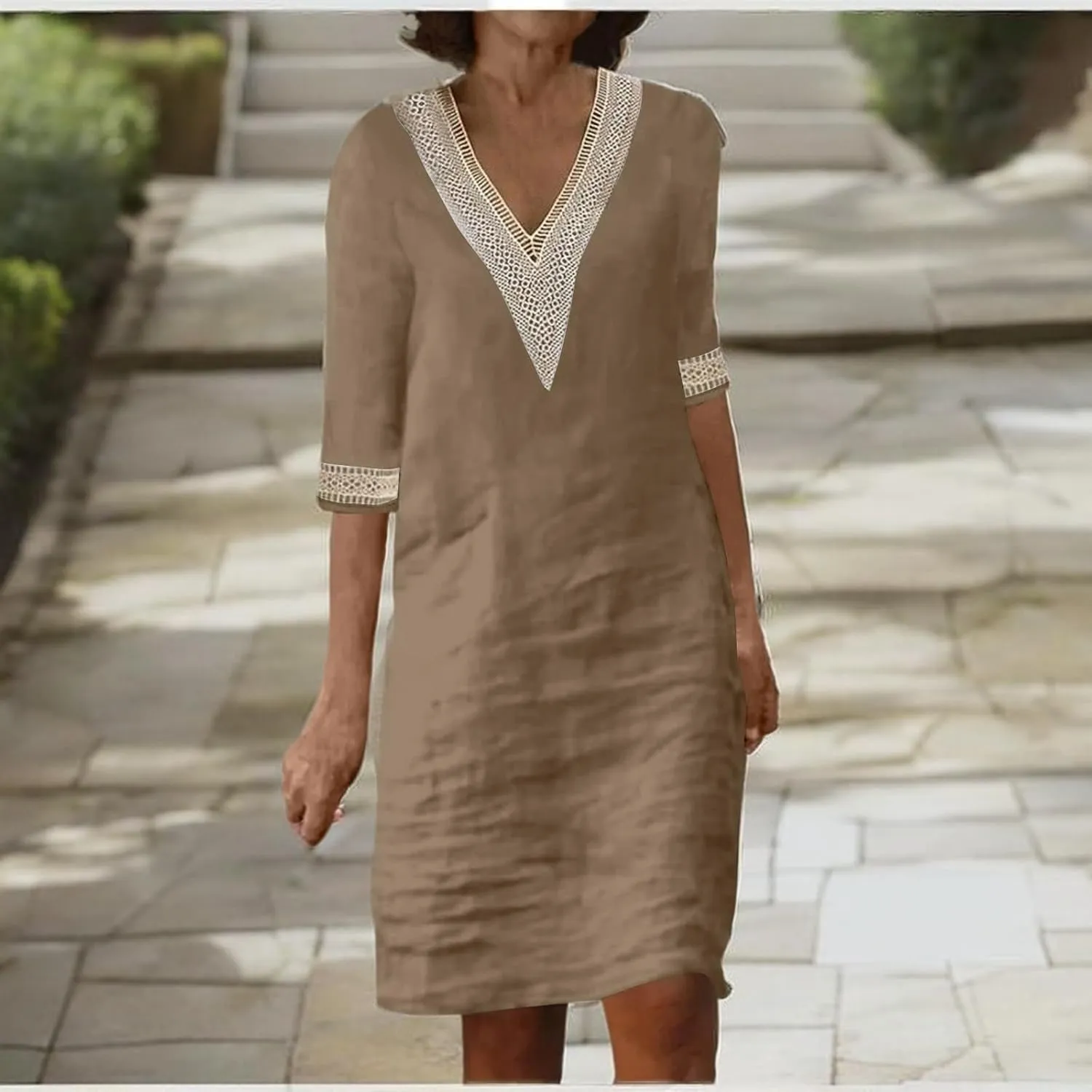 Linen Dresses for Women 2024 Summer 3/4 Sleeve Lace Embroidered V Neck A Line Dress Sexy Beach Vacation T Shirt Dress
