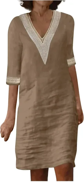 Linen Dresses for Women 2024 Summer 3/4 Sleeve Lace Embroidered V Neck A Line Dress Sexy Beach Vacation T Shirt Dress