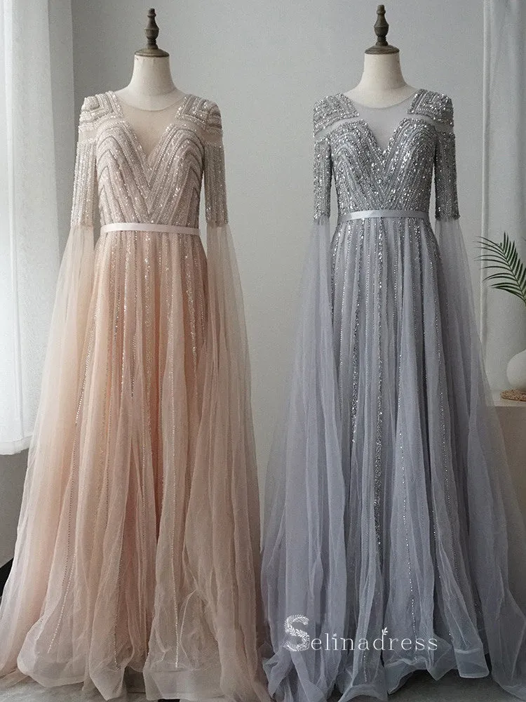 Luxury A-line Scoop Long Sleeve Silver Sparkly Long Prom Dresses Evening Dresses ASB024