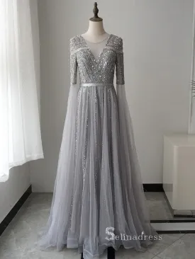 Luxury A-line Scoop Long Sleeve Silver Sparkly Long Prom Dresses Evening Dresses ASB024